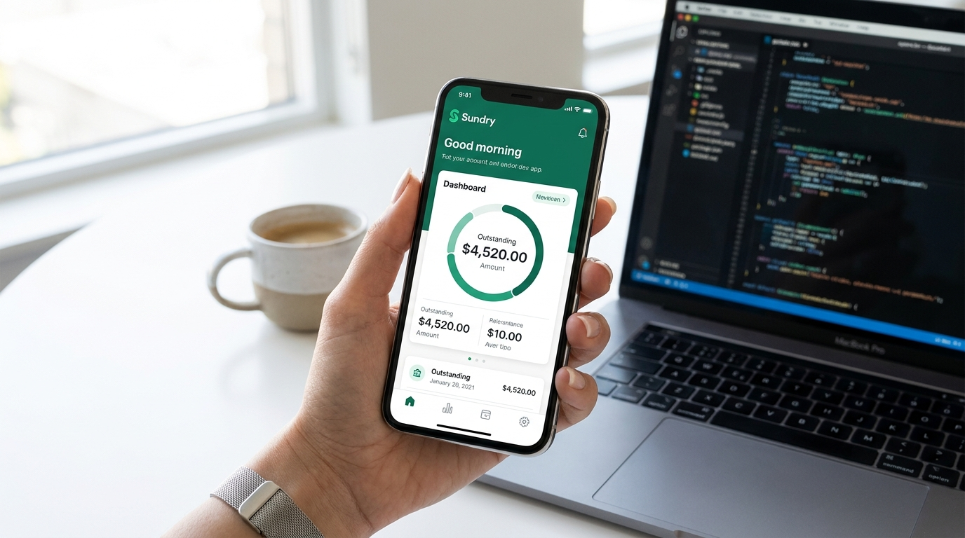 Hand holding a smartphone displaying the Sundry dashboard with financial metrics and an outstanding amount chart, against a clean office desk background.