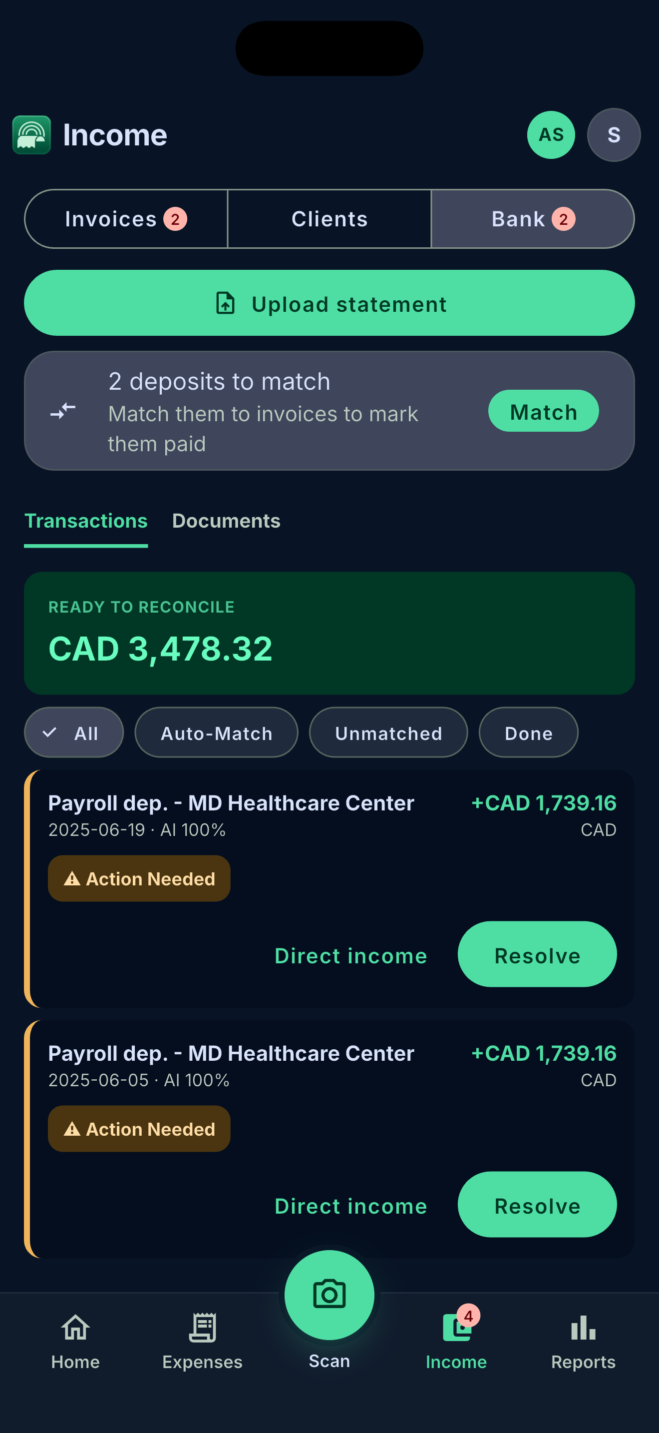 Sundry bank reconciliation — AI-parsed deposits ready to match