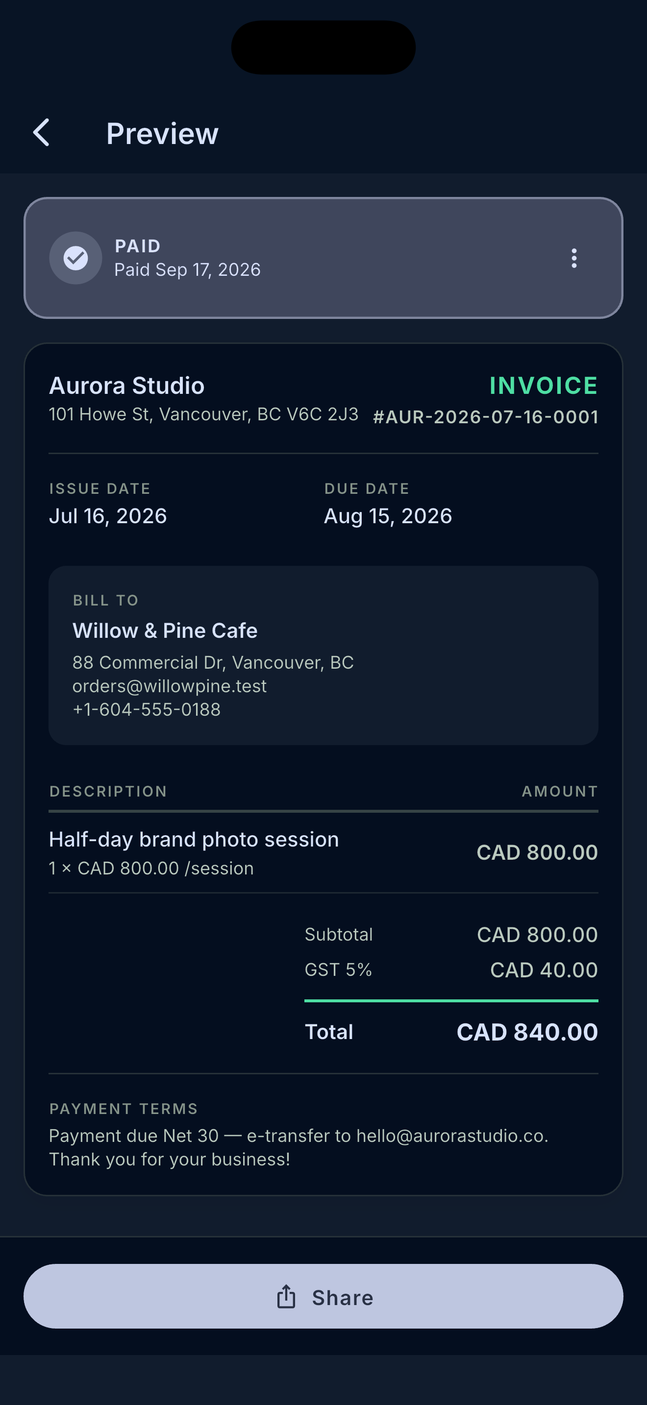 Sundry invoice preview — branded PDF, paid, with tax breakdown
